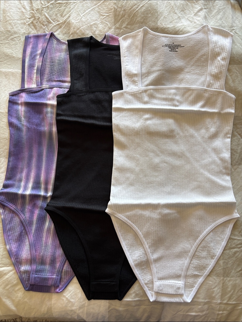 OCY Ribbed Square Neck Bodysuit Trio - White, Black, Lavender Tie-Dye, S, NWT